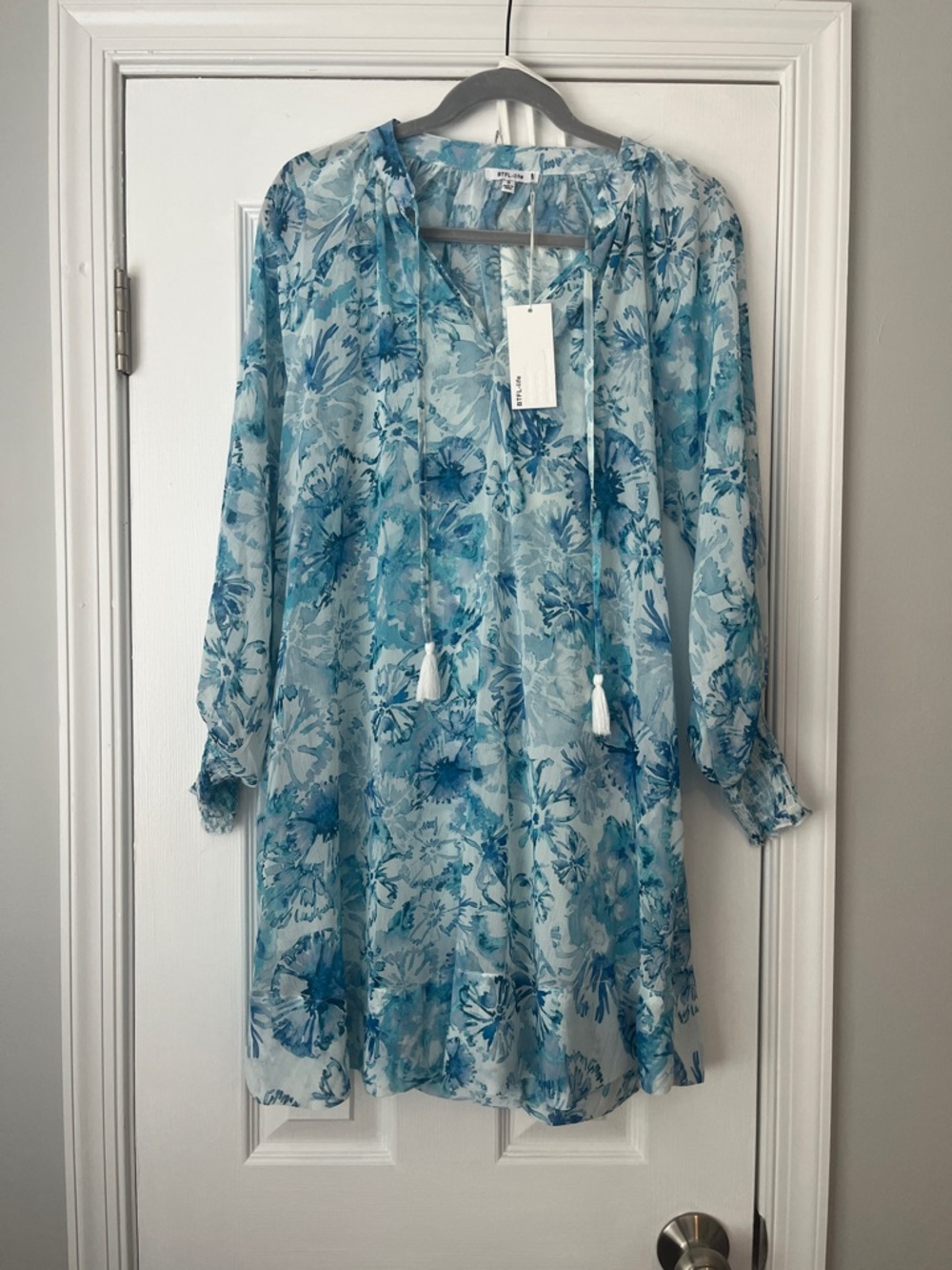Light Blue Floral Tunic Dress with Tassel Tie